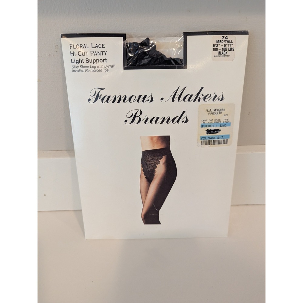 NEW!! Famous Makers Lace Top Nylons Size Med Tall Black Silky Sheer Lycra Vntg